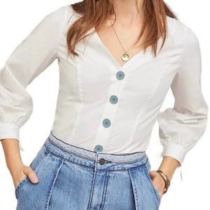 Anthropologie Women's White Button-Up Blouse Has Blue Buttons.